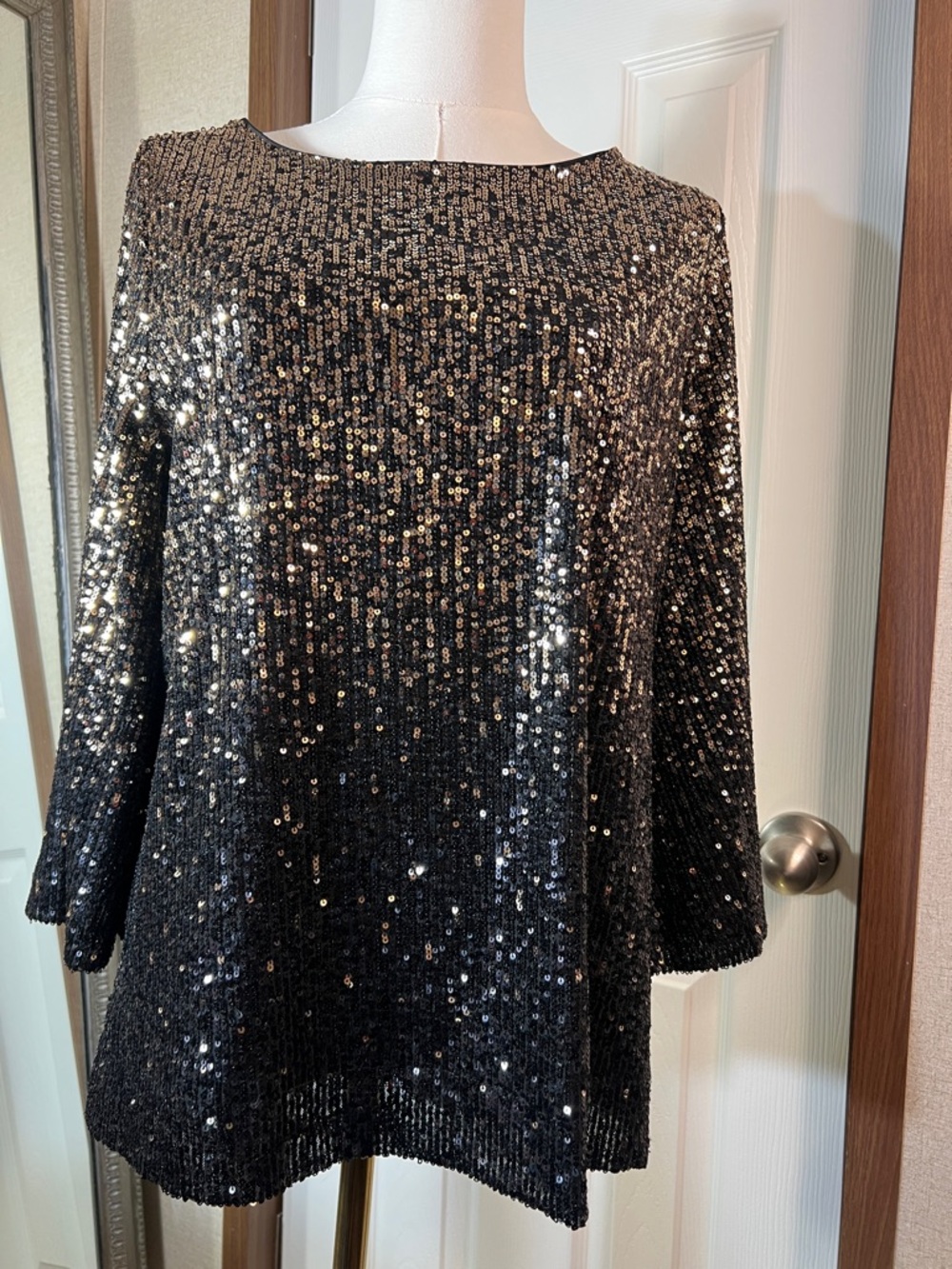 Chico's Black and Gold Sequined Long-Sleeve top
